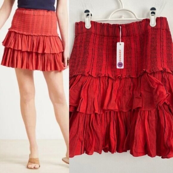 NWT 🆕 Sundry Mini Short Tiered Shirred Ruffles Boho Skirt - Red - 3 Large
